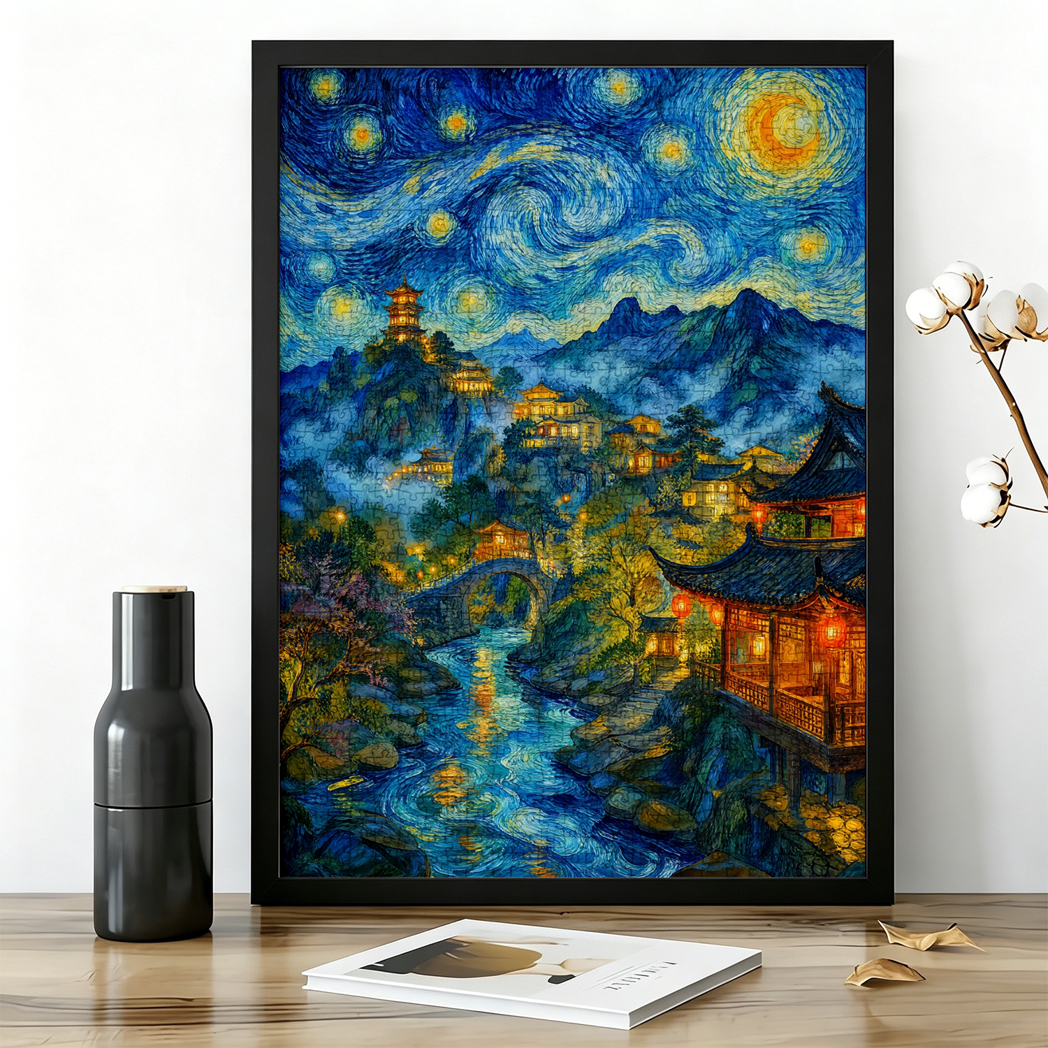 成人拼图1000片风景油画一千片高难度减压手工装饰画星夜古村