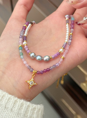 原创时尚精致复古百搭紫色天然石十字架串珠项链轻奢感锁骨链