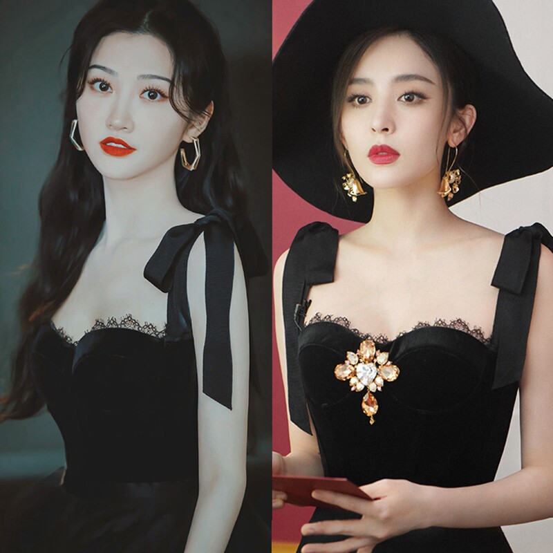 迪丽热巴明星同款黑色礼服裙生日会蓬松大摆吊带裙聚会仙女网纱裙