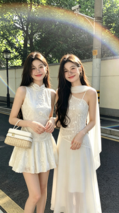 2026夏季新款法式白月光小白裙收腰显瘦小个子无袖蕾丝钩花连衣裙