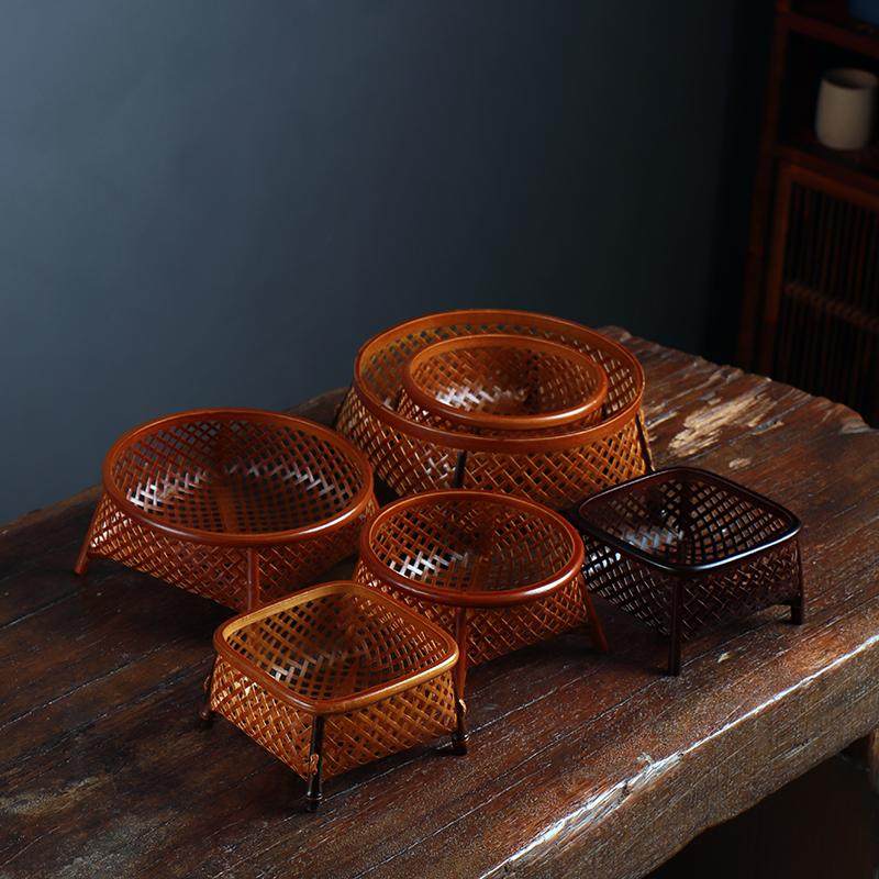 中式手工竹编水果篮圆形家用复古零食收纳筐点心篮茶点盒竹编竹篓