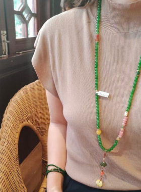 天然绿玉髓长款项链配饰女秋冬国风新中式轻奢小众高级感饰品