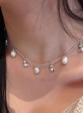 甜辣妹星球珍珠项链女小众设计感锁骨链水滴吊坠颈链配饰对版西太