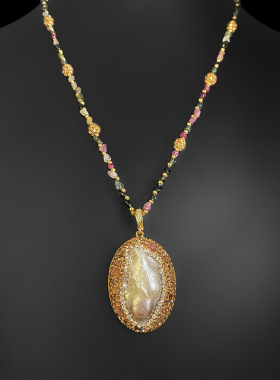 天然异形铜镀18K真金链坠碧玺项链毛衣链ins潮抖音同款