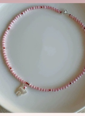 少女可爱粉色石红色白蝶贝猫咪串珠项链小众百搭锁骨链甜美可人儿