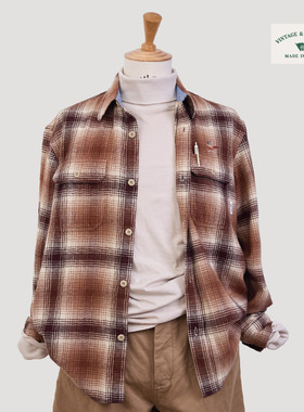 国棉壹厂山鸡绣花鱼骨法兰绒格子衬衫男女款全棉磨毛复古格子衬衫