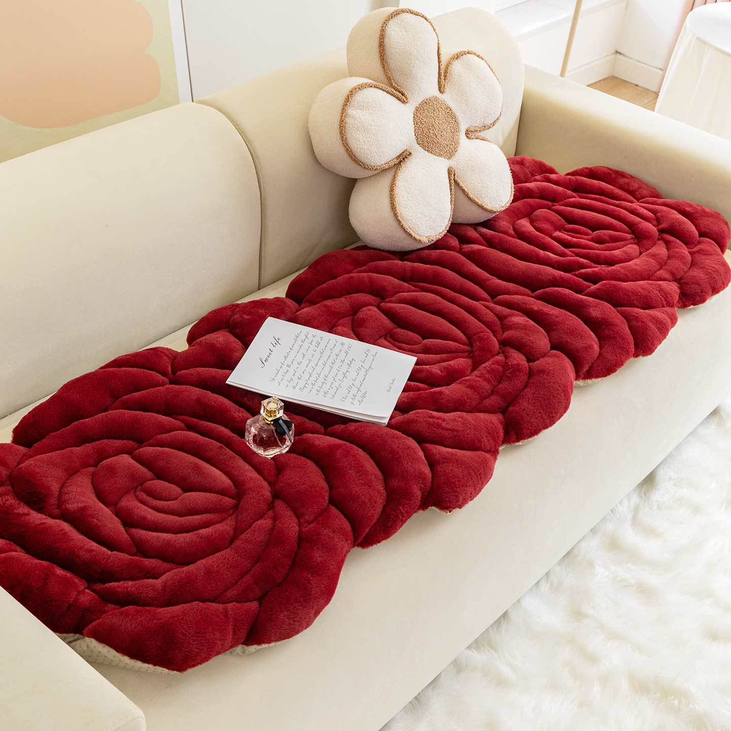 不规则异形沙发垫轻奢高级感玫瑰花形座垫防滑加厚毛绒直排坐垫子,居家布艺,沙发垫,淘宝优惠券,粉丝福利购,淘宝优惠卷