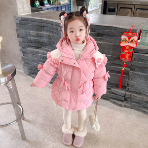 女童棉服2024新款冬季韩版儿童洋气加绒加厚花朵甜美可爱外套
