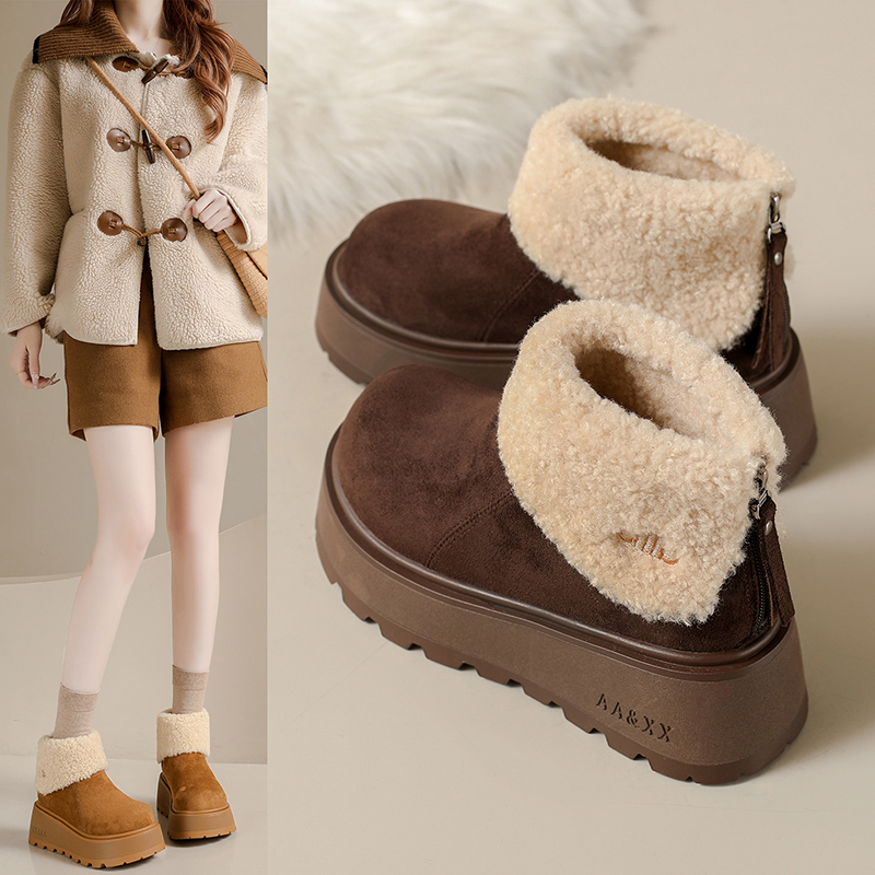 真皮厚底毛绒勃肯鞋女2025新款冬极保暖增高百搭棉鞋翻毛皮雪地靴