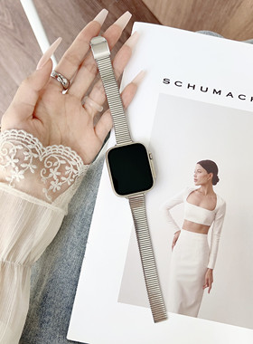 适用S9小蛮腰iwatchS11表带苹果s10手表竹节不锈钢s8可调节se细款