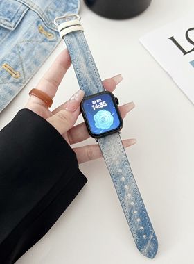 适用ApplewatchS11撞色扎染牛仔表带高颜值iwatch98765se3新款S10