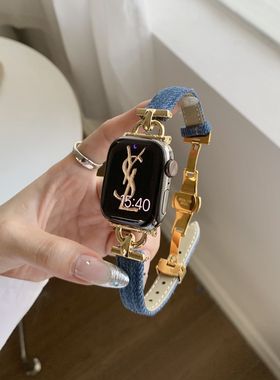 适用watch9苹果手表S11高级真皮D字牛仔蝴蝶扣表带iwatchS10876SE