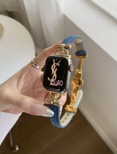 适用watch9苹果手表S11高级真皮D字牛仔蝴蝶扣表带iwatchS10876SE