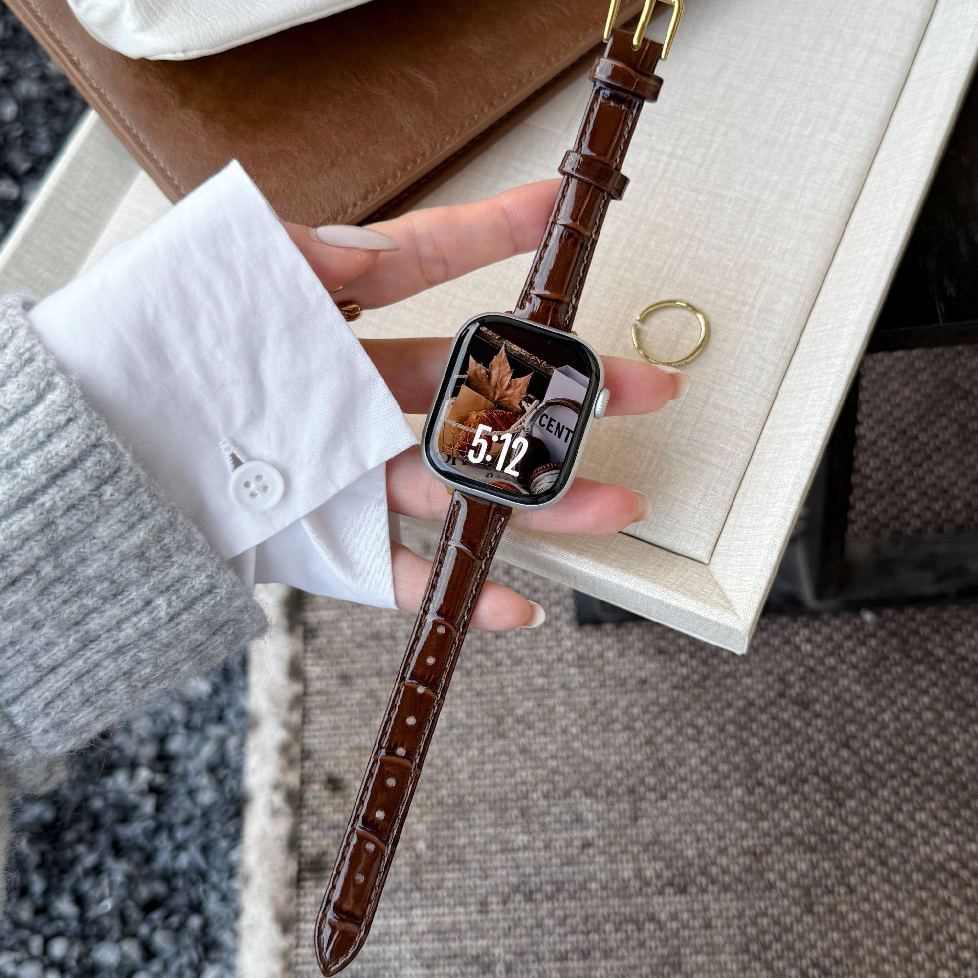 亮面竹节纹真皮iWatch表带适用苹果手表AppleWatch11代9se3小米10