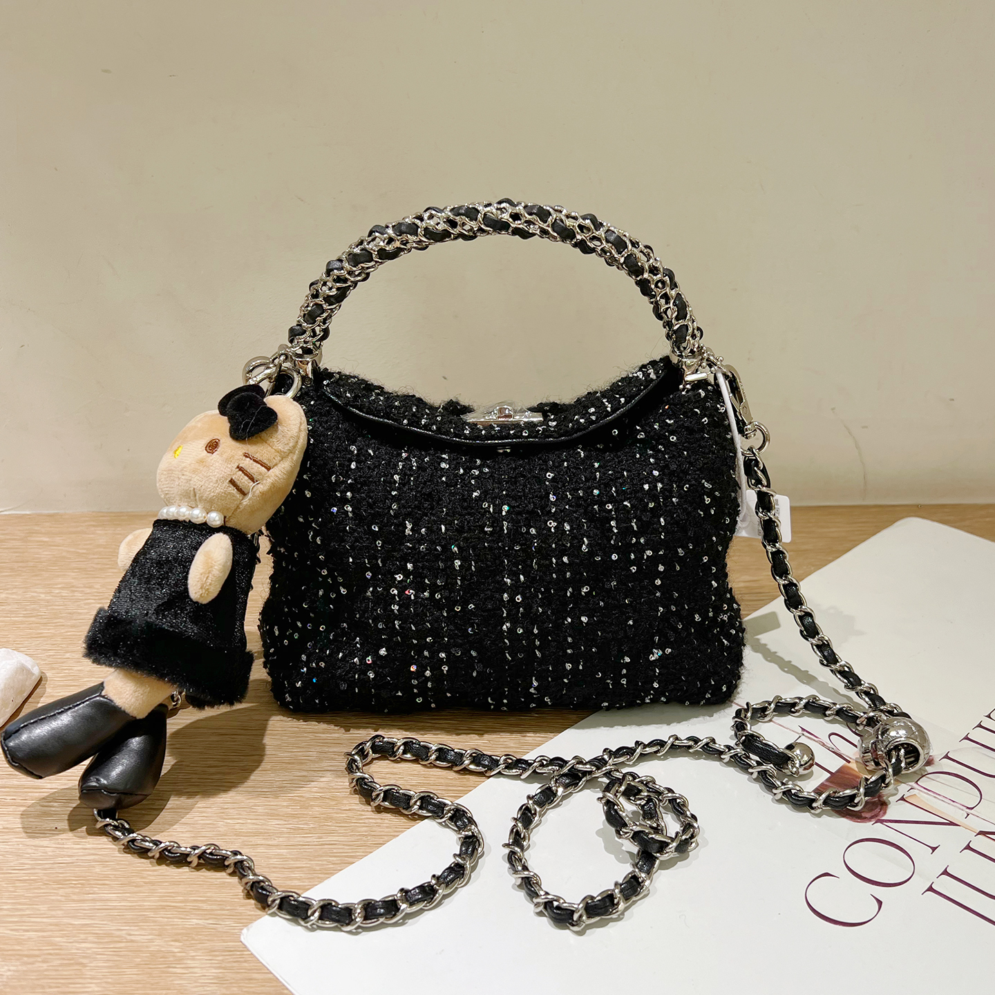 亮片毛呢手提包轻奢链条斜挎包