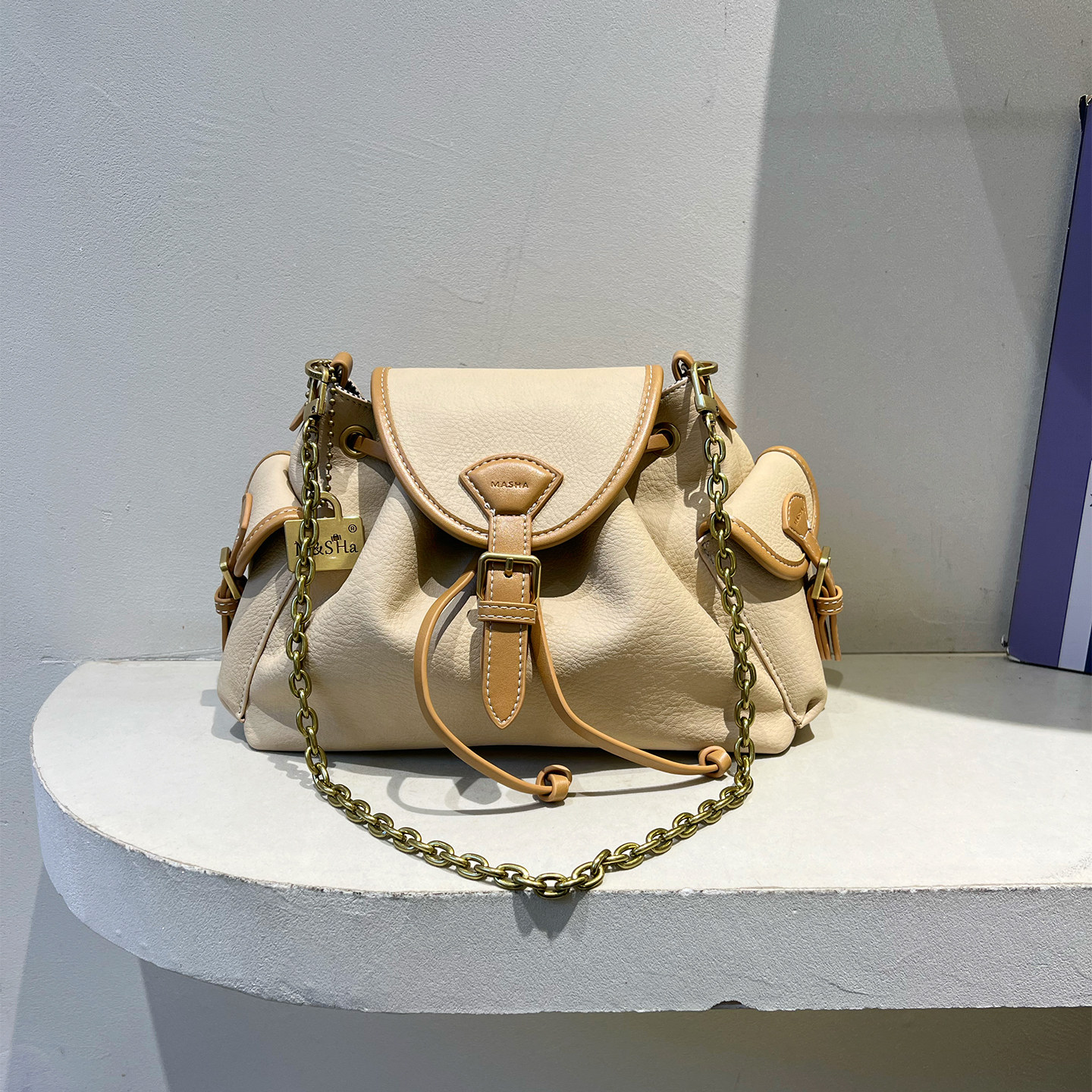 玛莎时尚撞色链条腋下包大容量通勤抽绳水桶包女包2025新款斜挎包,箱包皮具/热销女包/男包,通用款女包,淘宝优惠券,粉丝福利购,淘宝优惠卷