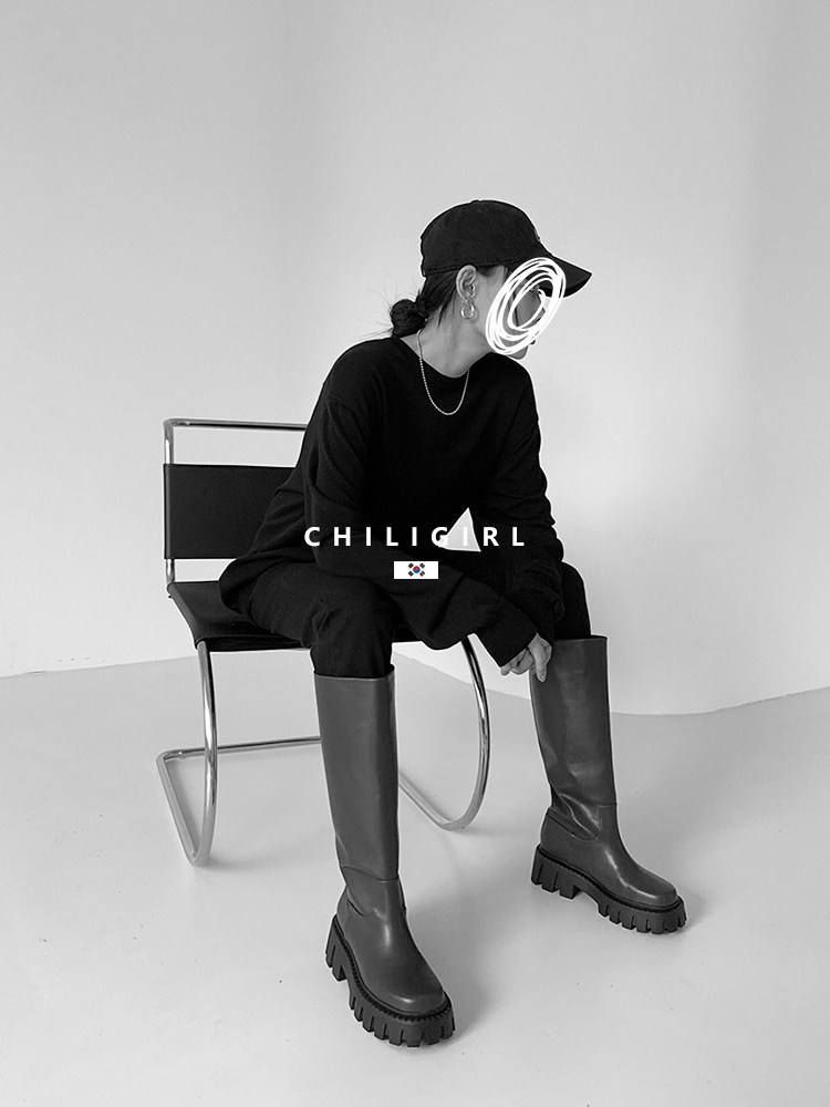 CHILIGIRL 한국 동대문 강화 두꺼운 밑창 하이 부츠 심플 클래식 대형 스트레이트 튜브 굴뚝 부츠