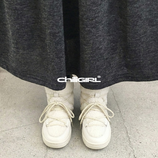 CHILIGIRL韩国东大门帮带雪地靴摇粒绒拼接系带保暖毛毛中筒棉靴