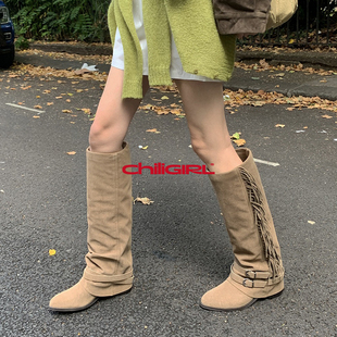 CHILIGIRL 韩国流苏靴子小众尖头皮带扣绒面粗跟长筒骑士西部靴女