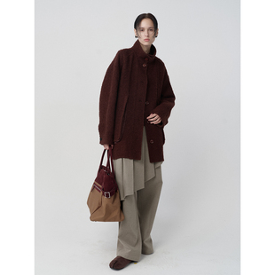 不规则裁剪休闲直筒阔腿裤 绒感毛呢百褶裙裤 25冬 .e1设计师品牌