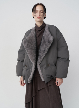 .e1设计师品牌 25冬 环保毛领90白鸭绒斜纹廓形短款羽绒服外套