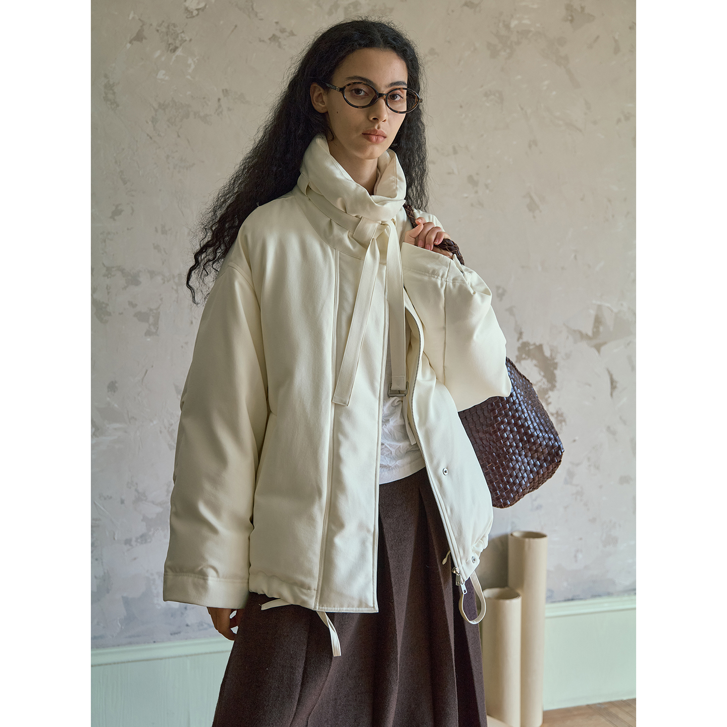 ELEI设计师品牌 25冬 飘带90白鸭绒中空纱廓形工装风羽绒服外套女