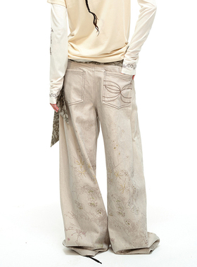 官方授权 SquareCircle方圆 纯棉原创手绘印花质感阔腿宽松牛仔裤