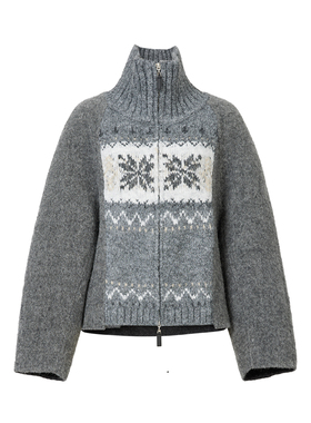 ELEI 25冬新品 羊毛羊驼混纺费尔岛针织纹案立领翻领短款毛呢外套