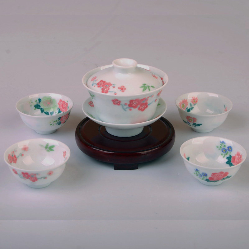 醴陵瓷器 釉下五彩手绘 毛瓷四季花卉盖碗 品茗杯7头功夫茶具套装