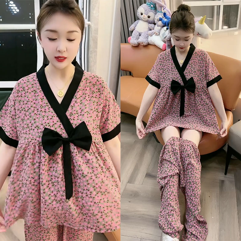 春夏薄款睡衣女大码碎花网红韩版印花洋气时尚休闲宽松家居服套装