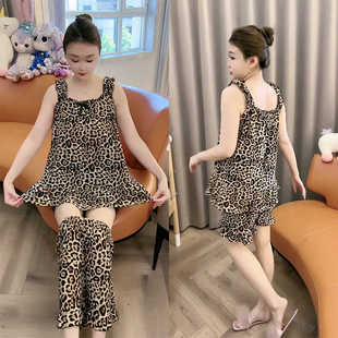 家居服套装 夏季 宽松洋气时尚 网红爆款 速干宽肩带豹纹睡衣女大码