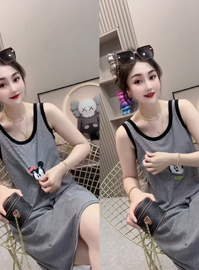 夏季薄款韩版减龄条纹卡通米奇睡裙女大码宽松遮肉无袖舒适家居服