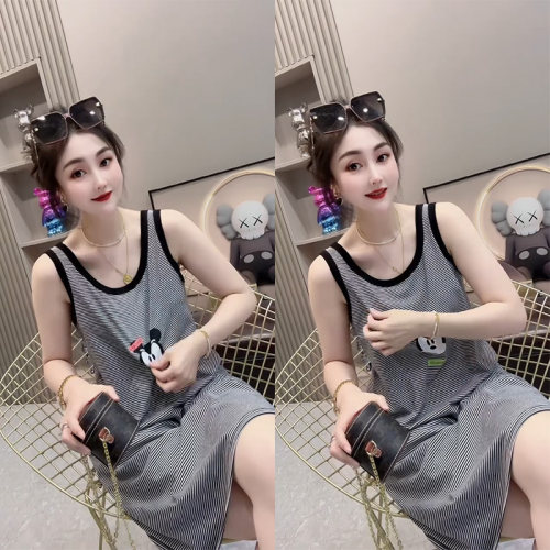 夏季薄款韩版减龄条纹卡通米奇睡裙女大码宽松遮肉无袖舒适家居服