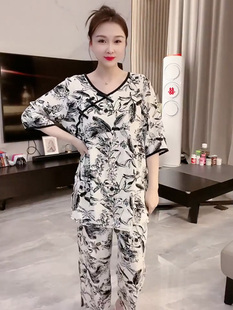 宽松上衣长 碎花中国风盘扣小V领家居服套装 女夏季 新款 睡衣五分袖