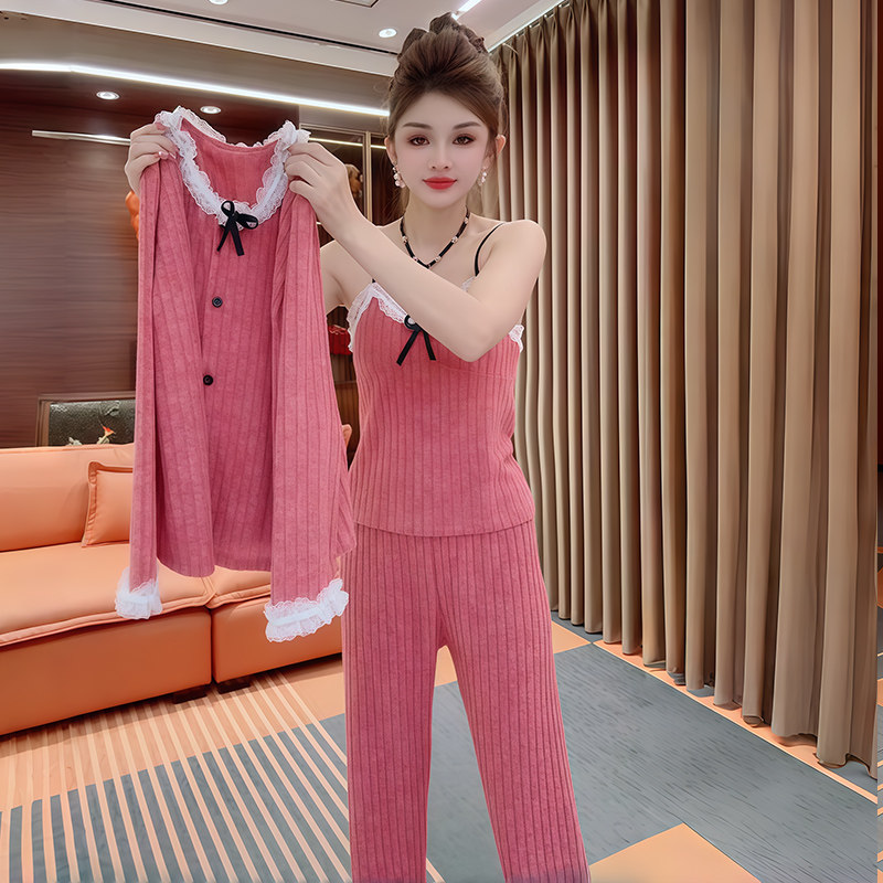 秋冬保暖睡衣女针织条纹蕾丝花边带胸垫吊带背心开衫家居服三件套