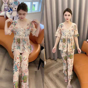 宽松舒适家居服套装 夏季 时尚 蕾丝花边两件套睡衣女网红大码 薄款