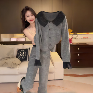 网红韩版时尚荷叶边针织睡衣女2025秋冬保暖宽松洋气家居服套装