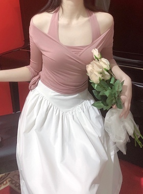 晚时光【秒杀】法式V领绑带粉色中袖打底衫 修身超短防晒舞蹈开衫