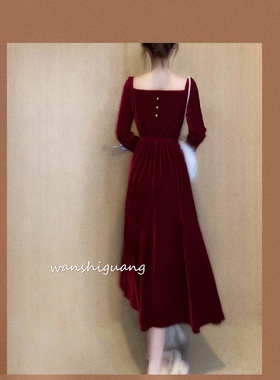 晚时光秒杀 冬法式复古方V领连衣裙长袖显白酒红丝绒宫廷风中长裙