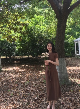 晚时光 【秒杀】束腰打结显瘦咖啡色长袖连衣裙 短袖连衣裙
