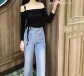 T恤打底衫 晚时光秒杀 高腰长袖 抽绳一字肩绑带短款 女 新款