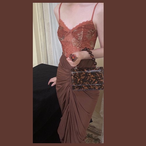 晚时光自制款 v领蕾丝花边吊带复古性感网纱棕橘色背心上衣女夏季 - 封面