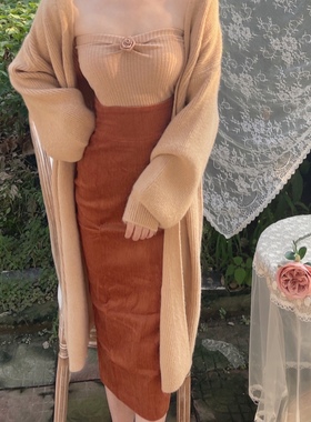 晚时光秒杀 复古显瘦高腰灯芯绒半身裙长裙米白气质开叉半裙女