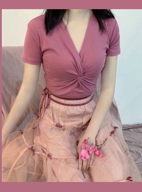 晚时光秒杀夏 复古深梅紫色V领修身短袖T恤上衣