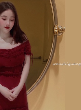 晚时光秒杀 油画美人樱桃深红一字领连衣裙 带chocker