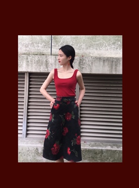 晚时光自制复古方领背心吊带 酒红色螺纹吊带休闲黑色背心遮副乳