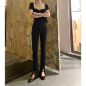 晚时光 侧开叉女夏 微喇叭长裤 秒杀 chao显瘦大长腿高腰黑色长裤