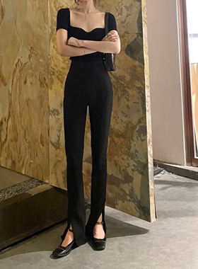 晚时光【秒杀】chao显瘦大长腿高腰黑色长裤微喇叭长裤侧开叉女夏