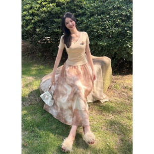 6.15 温柔交叉米杏色弹性修身 晚时光 秒杀 夏 短袖 上衣打底衫