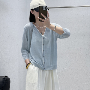 4.30 夏季新款 DX-6A0232韩版撞色边V领竹节麻七分袖开衫